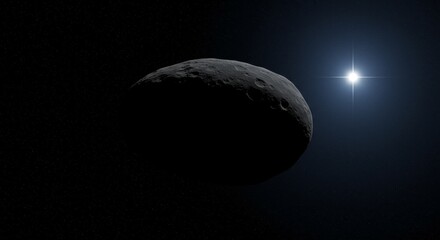 Asteroid in Deep Space - A dark asteroid floats in the inky blackness of space, a distant star shining brightly in the background