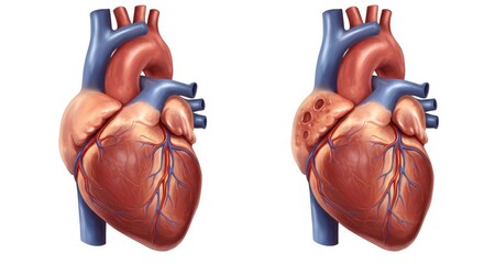 Healthy Versus Diseased Heart Comparison - Medical illustration comparing a healthy heart to one with significant blockages. Ideal for educational materials