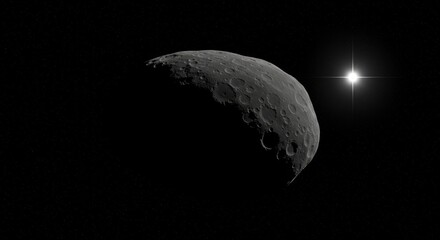 Celestial Body and Distant Star - A grayscale showcasing a cratered celestial body partially illuminated, with a bright star in the background against a black backdrop