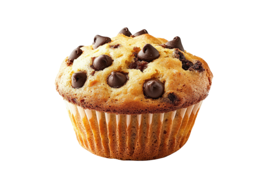 Delicious and freshly baked chocolate chip muffin isolated on black background in high resolution