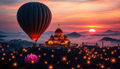 Obraz premium Sunrise Hot Air Balloon Ride over Majestic Temple