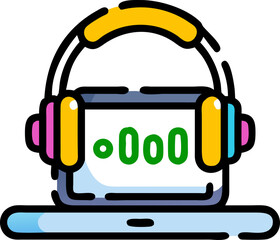 Colorful Headphones and Tech Device Icon. Features vibrant headphones on a device with code - like display. Editable shapes. Vector illustrations.