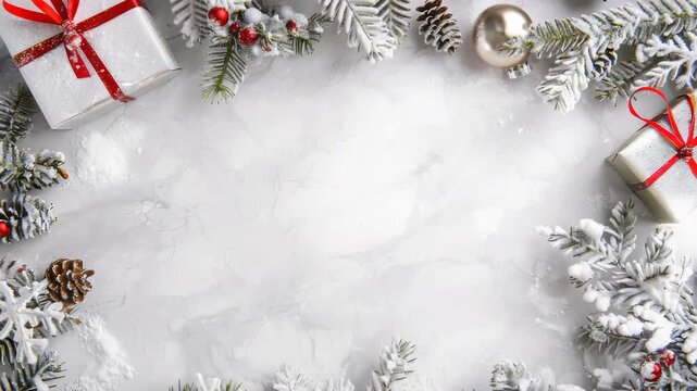 Winter Holiday Background: Snowy fir branches, gifts with red ribbons, and decorations frame a gray surface with falling snow. Festive and inviting, perfect for seasonal greetings and promotions.