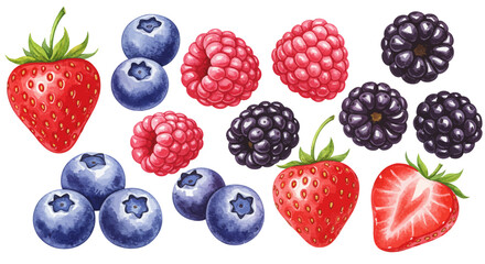 Watercolor Illustration Featuring Vibrant Blueberries Raspberries Blackberries And Strawberries Displayed On A Light Background With Delicate Brushwork