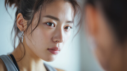 Young asian female in reflective moment looking at camera - concepts for wellness centers, beauty brands, mindfulness programs