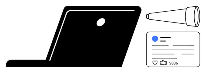 Laptop beside telescope and social media post with thumbs ups, follows. Ideal for digital marketing, analytics, content creation, online interaction, virtual communication, technology, simple landing