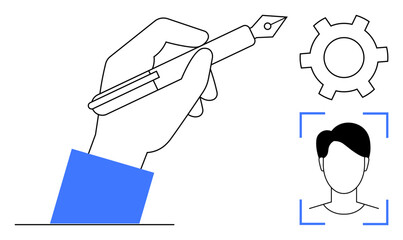 Hand holding pen, human profile in recognition frame, gear for tools and process. Ideal for personalization, identity, creative process, innovation, technology, settings simple landing page
