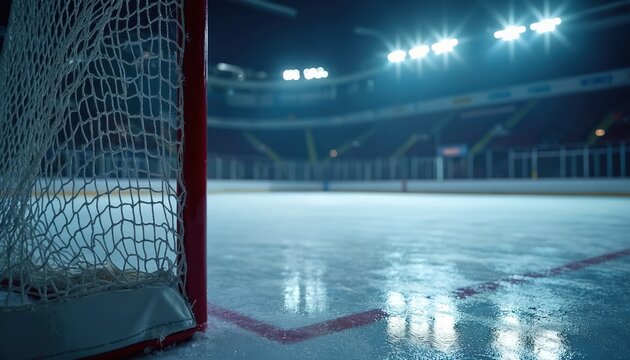 Empty hockey arena at night. Hockey goal illuminated. Stadium ice rink with markings, seats in rows. Winter sport championship tournament. Blurred lights background. Ice hockey match at the night.
