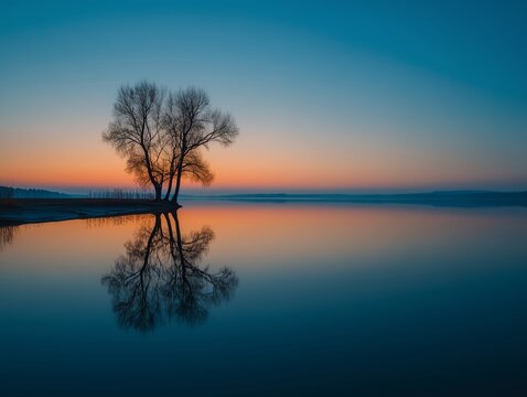 Tree reflected in lake at sunset with vibrant sky colors. Sunset on the lake - Powered by Adobe