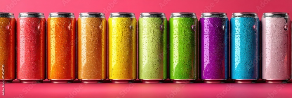 Poster beverage cans arranged and ranked by caffeine content showcasing vivid colors and moisture on a vibr
