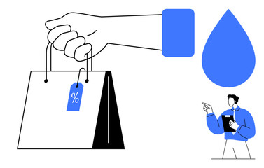 Hand with shopping bag featuring percentage tag, blue drop shape, and pointing office worker. Ideal for retail, sales, discounts, e-commerce, business, marketing customer interaction flat simple