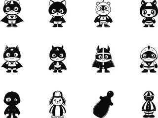 Obraz premium Cute monochrome superheroes and playful animals in format feature transparent background