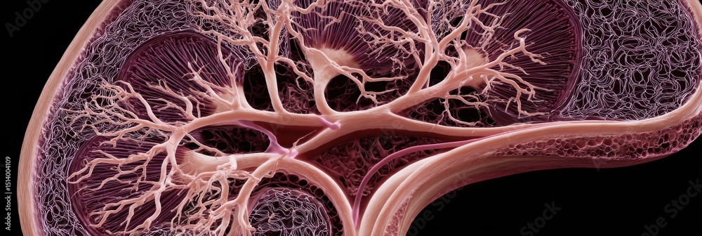 Poster cross-section rendering of a 3d kidney showcasing smooth blood vessels and clear left zone detail