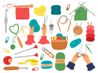 Knitting set. Yarn and thread, a skein of wool, knitting needles, a basket for yarn, a set for weaving wool, scissors. A set of knitting tools and materials