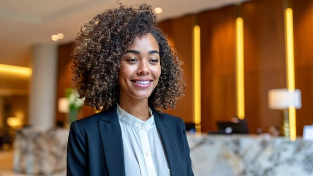 Smiling female hotel receptionist standing confidently at a luxury hotel front desk,