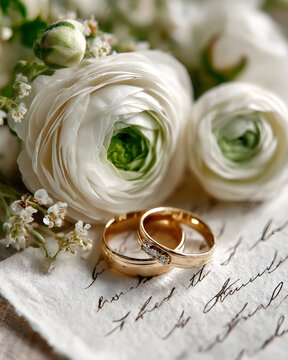 Elegant wedding rings resting on delicate fabric beside lush white flowers, symbolizing love and commitment, with soft natural lighting enhancing the romantic atmosphere