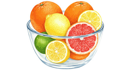 Watercolor Illustration Of Various Citrus Fruits Including Oranges Lemons Lime And Grapefruit Arranged In A Clear Glass Bowl On A Clean White Background