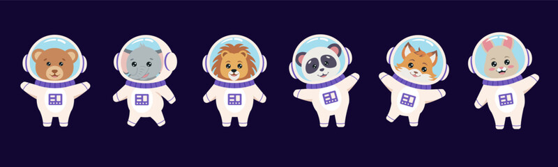 Animals astronauts: bear, panda, lion, fox, rabbit, elephant.