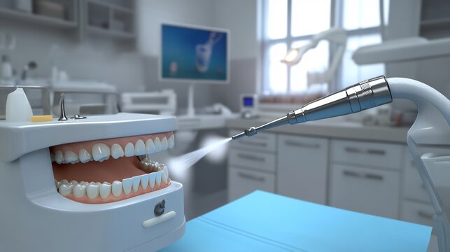 3d render of a dental hygienist using an air polisher on a patients teeth the airjet cleaning the surface with precise movements in a pristine environment
