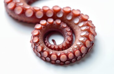 Close-up of red octopus tentacle with suckers isolated on white. Seafood delicacy, fresh marine food. Tasty cephalopod, culinary ingredient. Gourmet cuisine, restaurant menu, cooking.