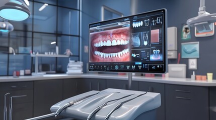 3d render of a dental office with augmented reality tools showing a digital overlay of the patients mouth with detailed tooth analysis and recommendations
