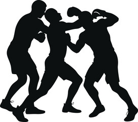 Silhouette of Three Men Engaging in a Physical Fight with Visible Shadows Demonstrating the Intensity and Power of the Aggression and Confrontation Evident Through Their Fighting Stances