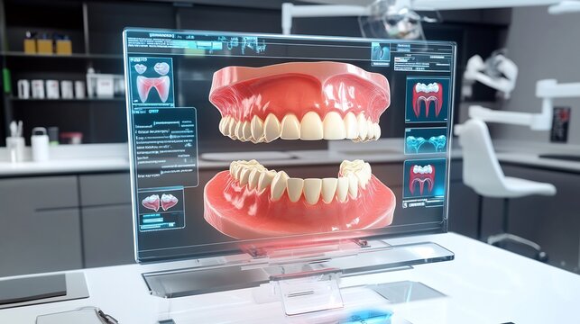 3d render of a dental office with augmented reality tools showing a digital overlay of the patients mouth with detailed tooth analysis and recommendations