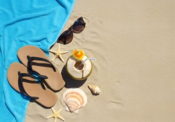 Obraz premium Sandy Beach Essentials – Perfect for Summer Items Thumbnails, Vacation Posters, Lifestyle Backgrounds