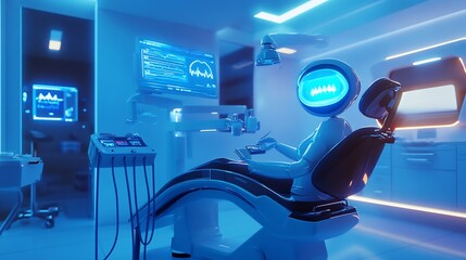 3d render of a futuristic dental examination with a robotic assistant checking the health of a patients teeth holographic health reports and interactive tools