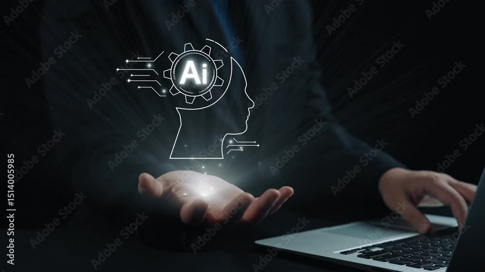 Poster human interact with ai artificial intelligence brain processor in concept of ai artificial intellige