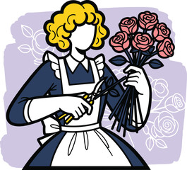 Vintage Cartoon of a Faceless Woman Arranging a Bouquet of Roses