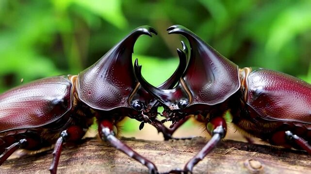 Two Male Rhinoceros Beetles Facing Each Other on a Log, Ready to Fight
