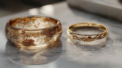 3d rendered fantasy style jewelry piece a handcrafted resin pendant with nature elements a minimalist gold bracelet on a marble surface a wedding ring set with floral engravings