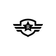 winged shield logo with star and letter R in flat design