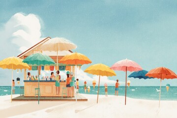 Fototapeta premium Enjoying Ice Cream at a Vibrant Beach Stand Under Colorful Umbrellas on a Sunny Day