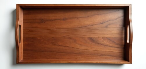 Wooden tray isolated on white. Empty serving platter with handles. Top view of handcrafted brown wood texture. Elegant home decor for food, drinks display. Ideal for hospitality business.