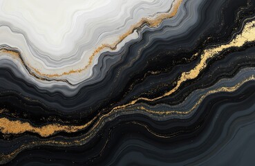 Obraz premium Abstract black, white marble background with gold glitter, liquid texture. Modern art design with swirling paint, fluid flow. Elegant luxury premium wallpaper, decor for interior, cover, invitation.