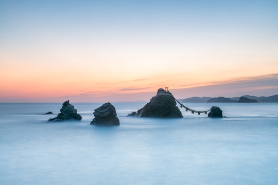 Meoto Iwa rocks at sunrise, Futami, Mie Prefecture, Japan