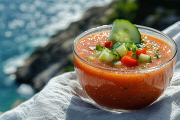 A refreshing gazpacho soup served in a glass bowl.