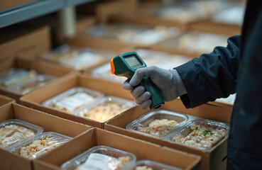 Worker hand using thermometer measures ready meals temperature in cold warehouse. Inspection of goods in boxes, food safety, quality control. Logistic, storage, refrigeration.