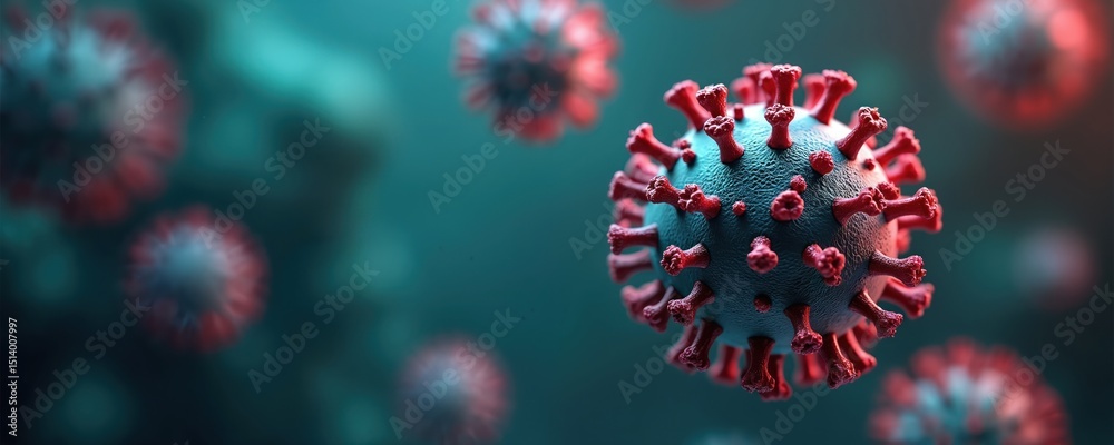 Poster 3D rendering of Covid-19 coronavirus. Microscopic view of virus in cellular environment. Dangerous infectious disease concept. Medical illustration. Virus spread, pandemic. Copy space background for