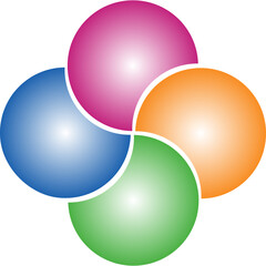 Colorful overlapping circles of infographic pie chart divided into 4 parts. Diagram, chart with 4 steps, options, parts, processes with colorful petals. Vector Illustration.