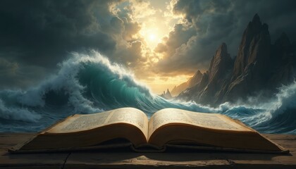 Open book, ocean waves, dramatic sky, biblical prophecy. Revelation story, end times concept, apocalypse illustration. Golden light over water, mountains, religious theme, dramatic art.