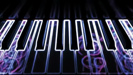 Neon Piano Keys Playing Abstract Musical Notes Animation Light Pulses Synced To Invisible Melody Close