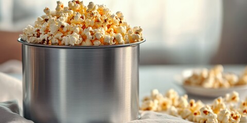 Fresh popcorn overflowing from a stainless steel pot on a kitchen table during a cozy movie night at home