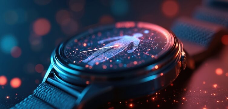 Futuristic smartwatch displaying health data. Digital interface, wearable gadget for fitness tracking. Modern design, sensor tech. Monitor well-being. Innovative tech for medicine, patient care,