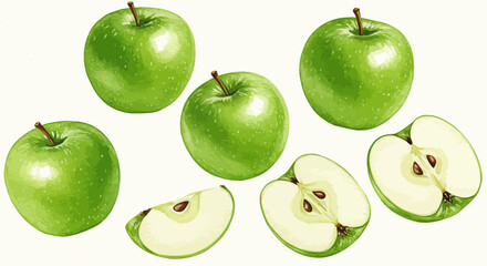 Watercolor Depiction Presents Multiple Green Apples And Cut Apple Slices With Seeds On A White Background Creating A Vibrant And Fresh Visual Effect
