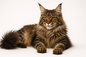 Fototapeta premium Maine Coon Cat Lying Down, White Background