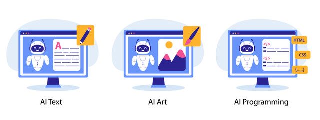 AI technology in copywriting, art and programming. Illustration with AI chat bot using for copywriting, art and programming. Copywriting, art and programming with Artificial intelligence.