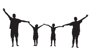 Silhouette of Family Holding Hands and Raising Arms Together on White Background